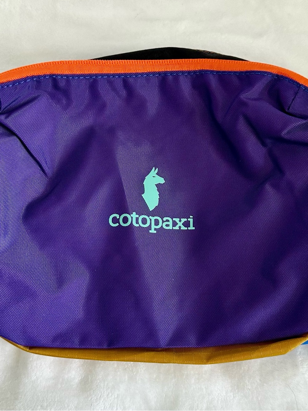 cotopaxi purple pack with aqua logo and orange trim
